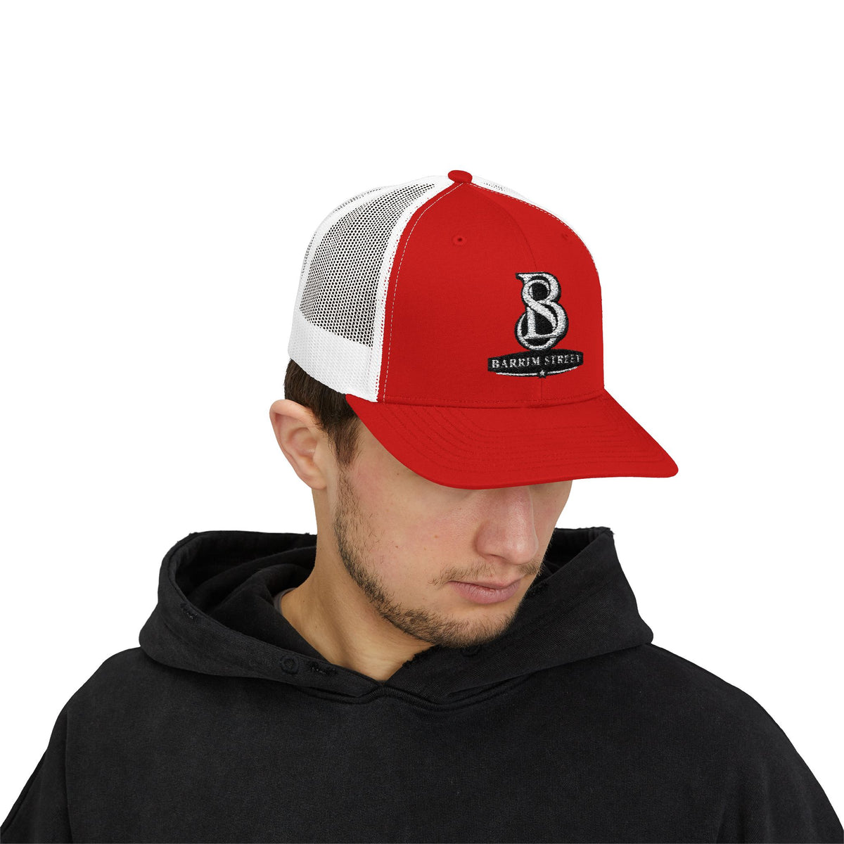 Embroidered 'B' Trucker Cap – Red Snapback Mesh Baseball Hat